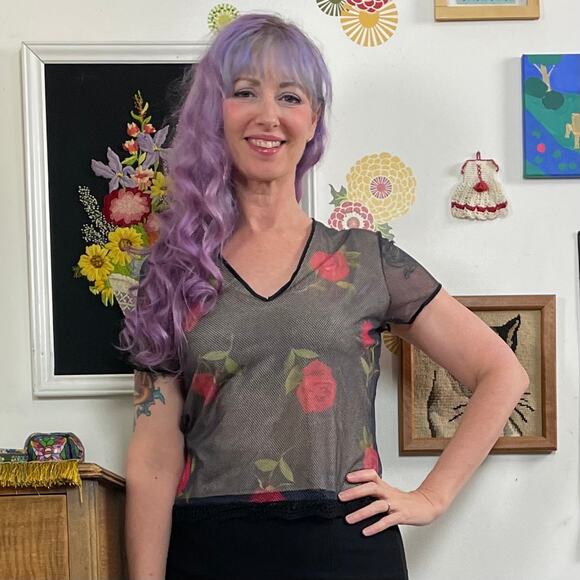 Vintage Rose Print Mesh Tee, 1990s Black & Red Fishnet Top by Hanky Panky, Sz L - Picture 15 of 15